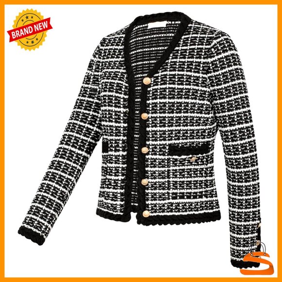 Sweaters - Tweed Cardigan Sweater Blazer V-Neck Button Front Classic Chic Versatile